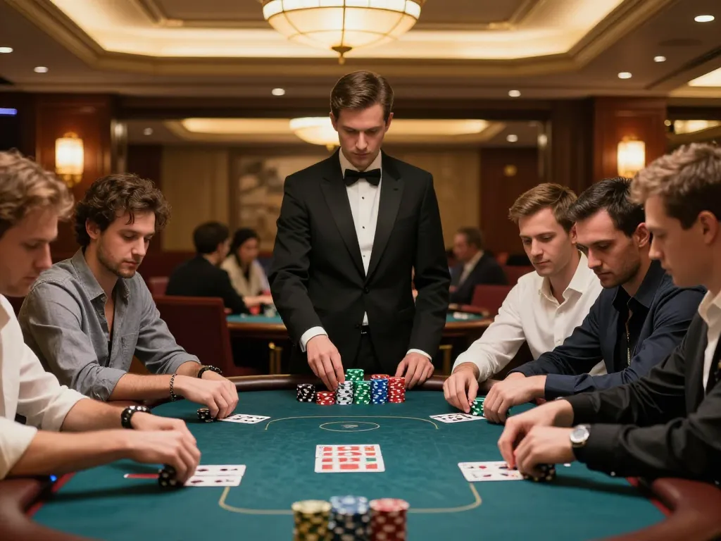 WW88 poker players engaging in high-stakes game, showcasing strategy and atmosphere in luxury casino.