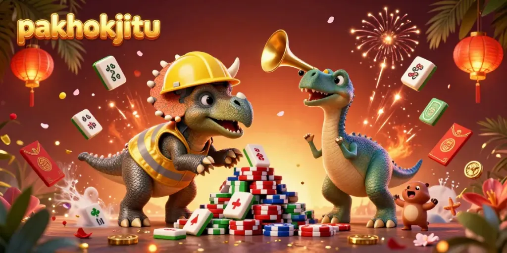 PAKHOKIJITU menampilkan triceratops membangun tumpukan chip poker sambil dirayakan oleh dinosaurus lainnya dalam suasana kasino.