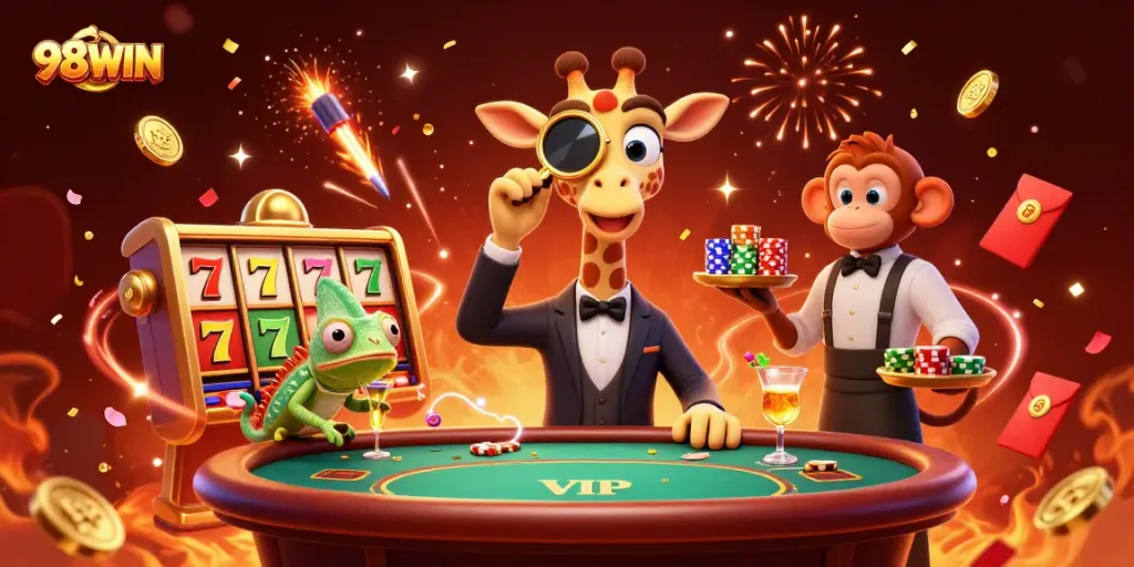 Experience the thrill of 98WIN with high-roller characters enjoying casino games in a lavish 3D scene.