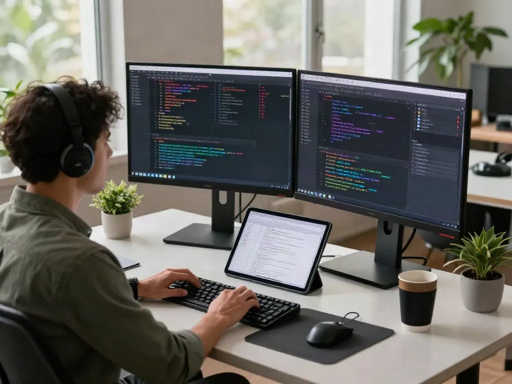 Kegiatan login pecah25 di ruang kerja digital dengan developer yang menggunakan dua monitor dan menyesap kopi.