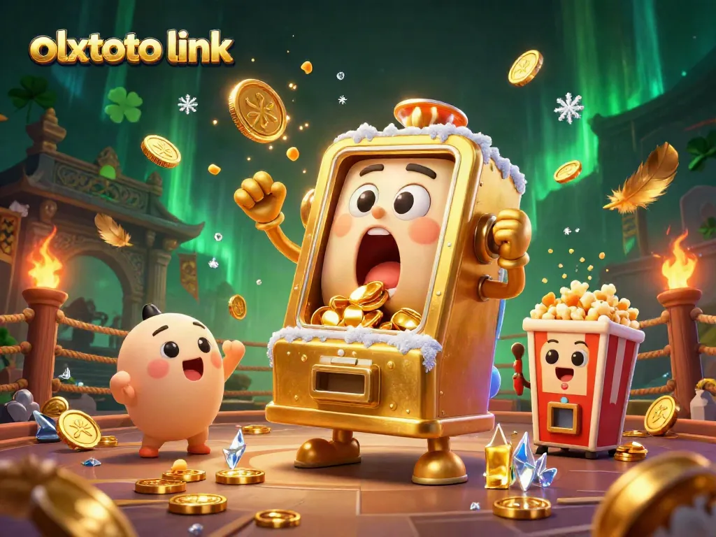 Experience the excitement of olxtoto link with a golden slot machine hitting the jackpot in a vibrant casino scene.