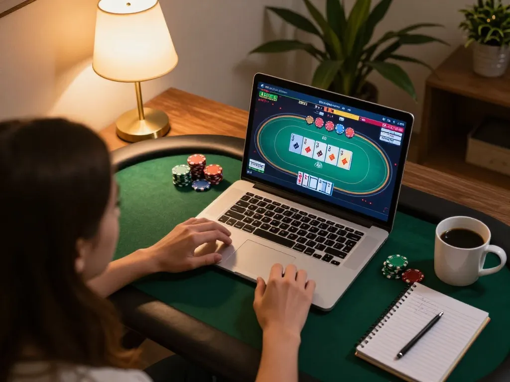 SX88 online poker gaming experience at home with engaged player and cozy setup