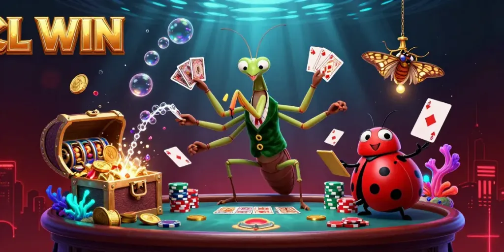 Engage with LL WIN at a vibrant casino scene featuring a giant praying mantis card sharp, a ladybug pit boss, and dynamic gaming elements.