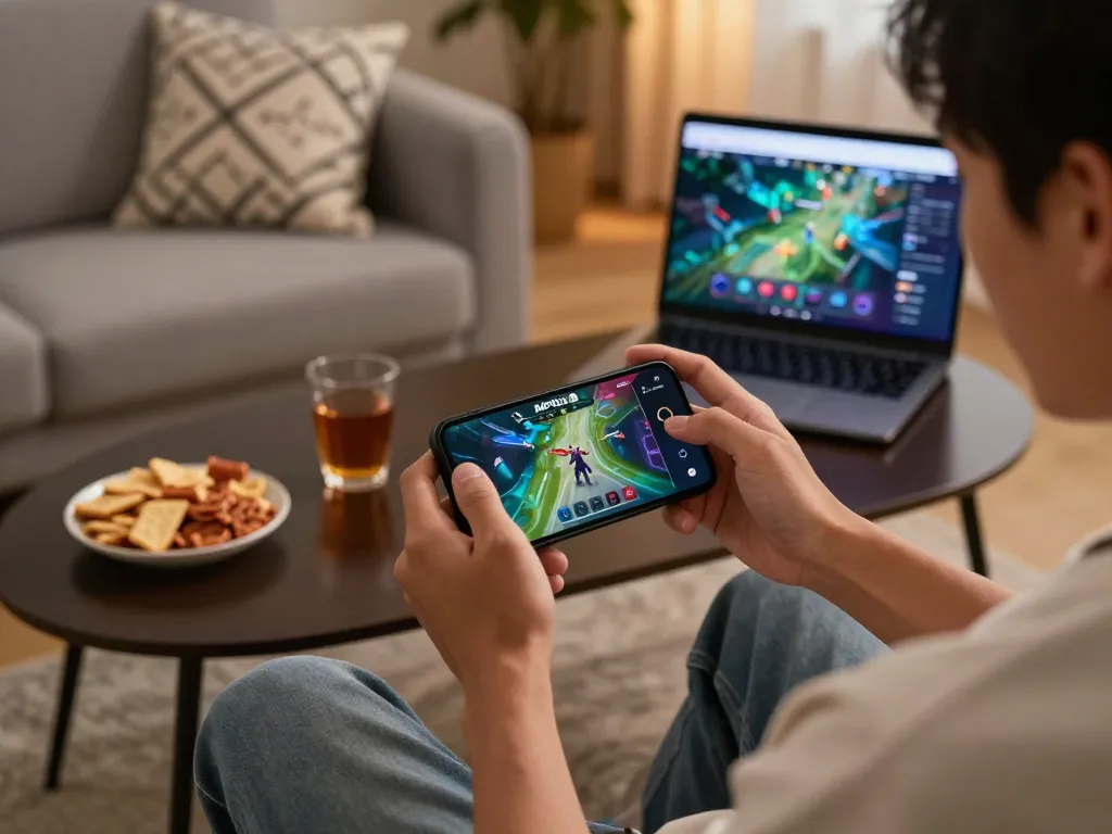 MPO08 player enjoying interactive online gaming on smartphone with vibrant graphics in a cozy home environment.