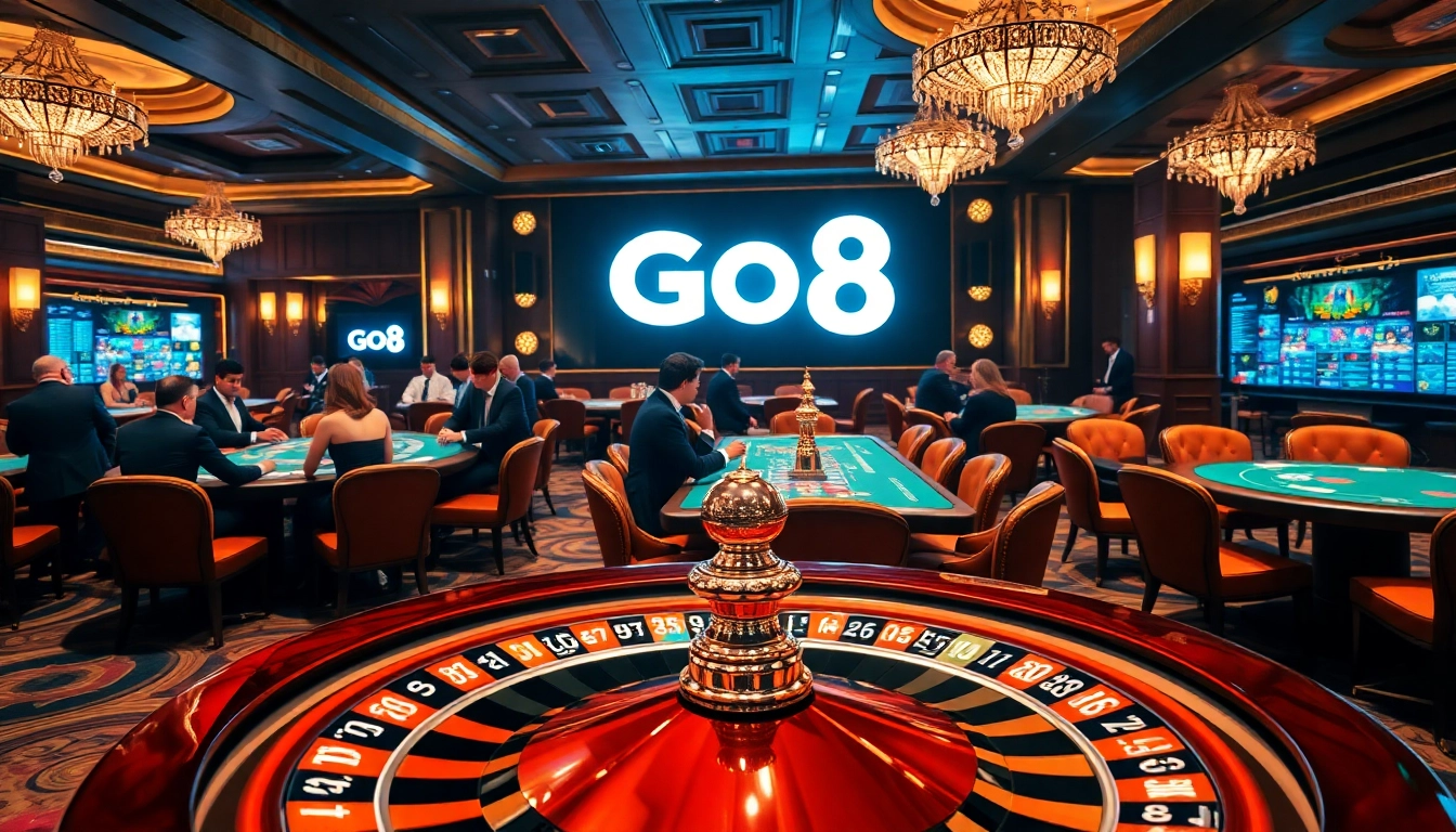 Engage with the thrilling GO8 casino experience at luxury poker tables amidst vibrant roulette wheels.