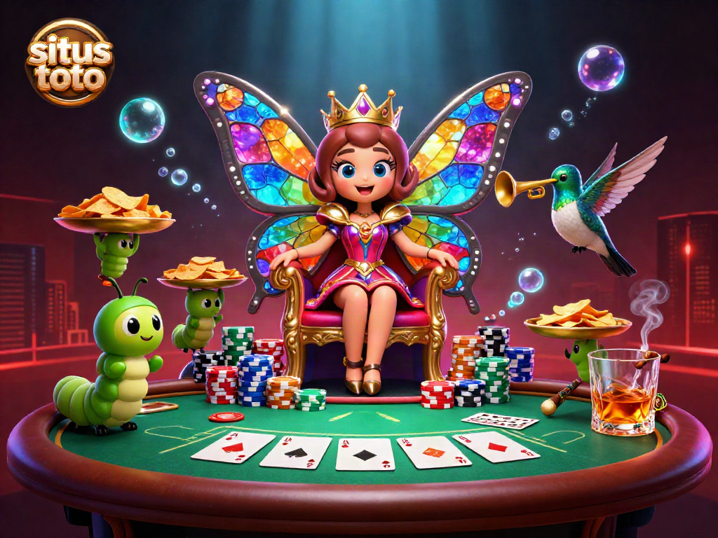 Gambarkan situs toto dengan ratu kupu-kupu dan elemen kasino yang dramatis dalam ilustrasi 3D.