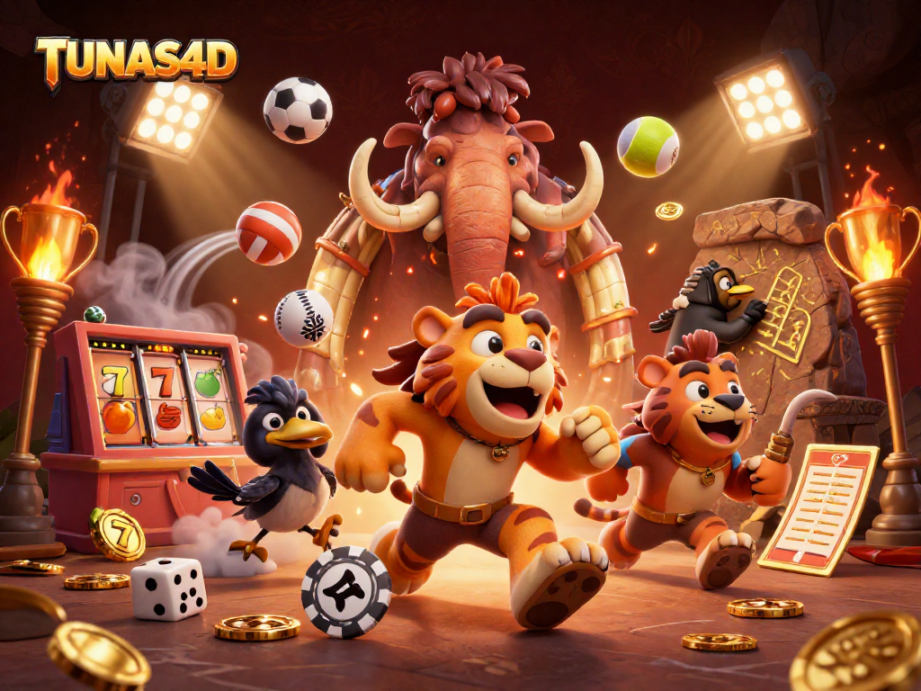 TUNAS4D takes center stage with vibrant characters and dynamic gaming action in this captivating casino illustration.