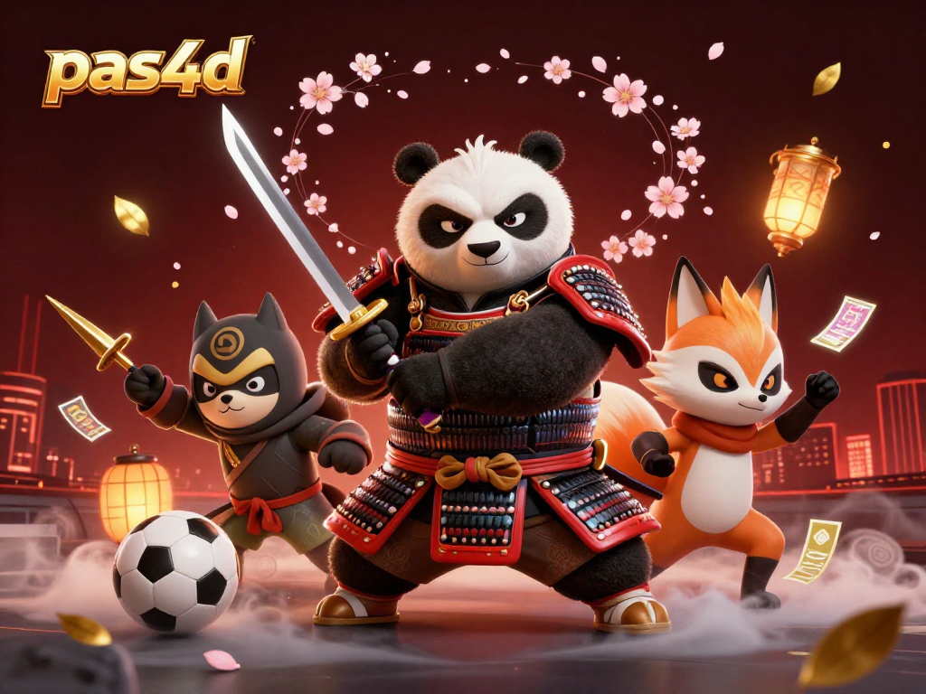 Pas4d menampilkan panda samurai dan rubah ninja dalam suasana pertandingan taruhan.