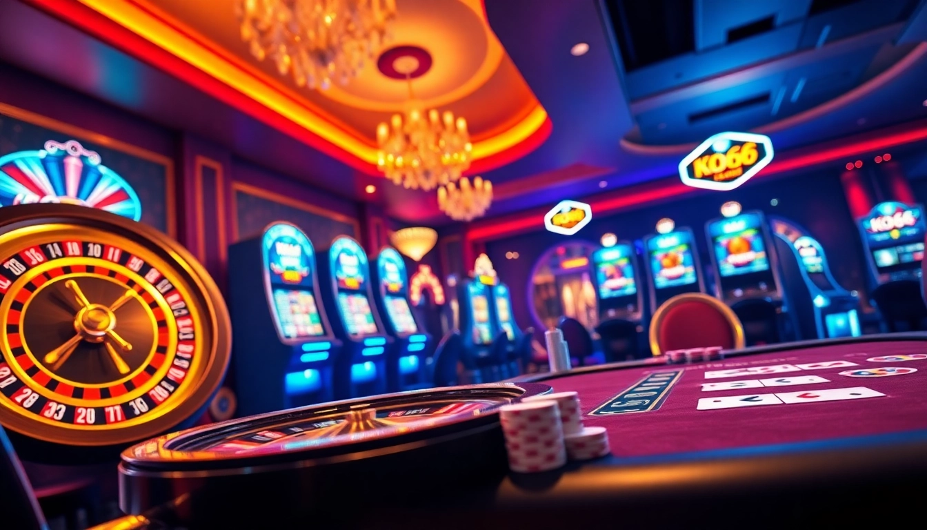 Trải nghiệm sự hào hứng của KO66 với những máy slot đầy màu sắc và bánh xe roulette phát sáng trong cảnh casino sôi động.
