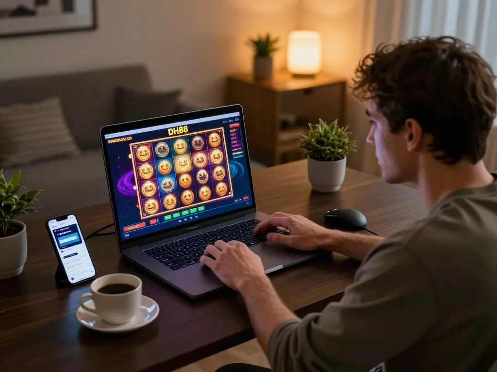 Player engaging with DH88's online slots, showcasing excitement in a cozy home setup