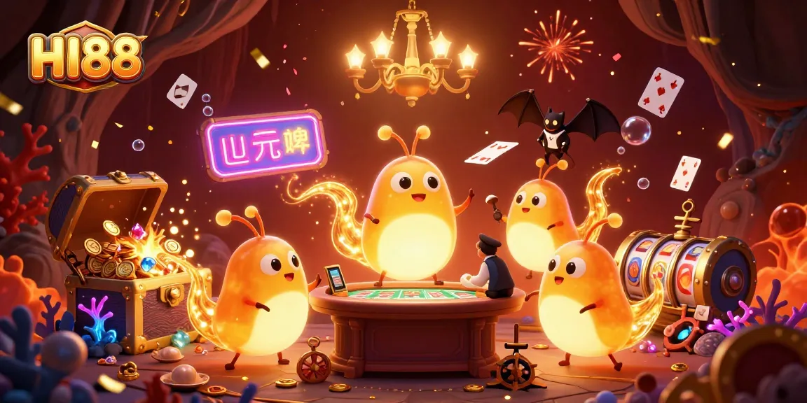 Experience the excitement of HI88 Casino, featuring vibrant glowworms and dynamic game elements in a colorful underwater-themed casino.