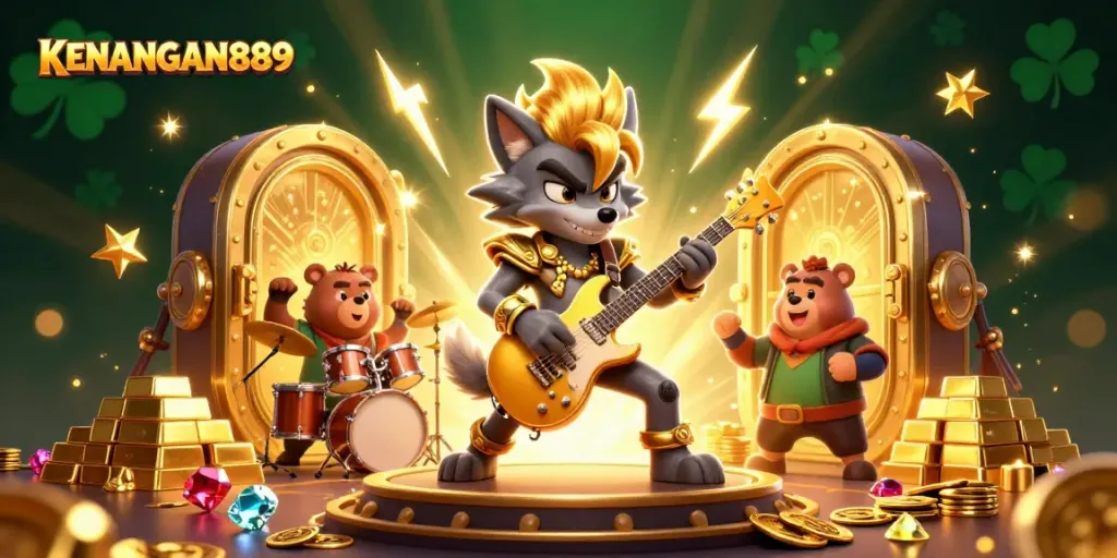 Experience the vibrant gaming action at KENANGAN889 with cartoon characters in a dazzling casino scene.