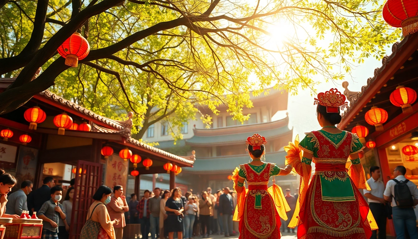 Menampilkan festival budaya Asia dengan starjepang dan penari dalam kostum tradisional penuh warna.