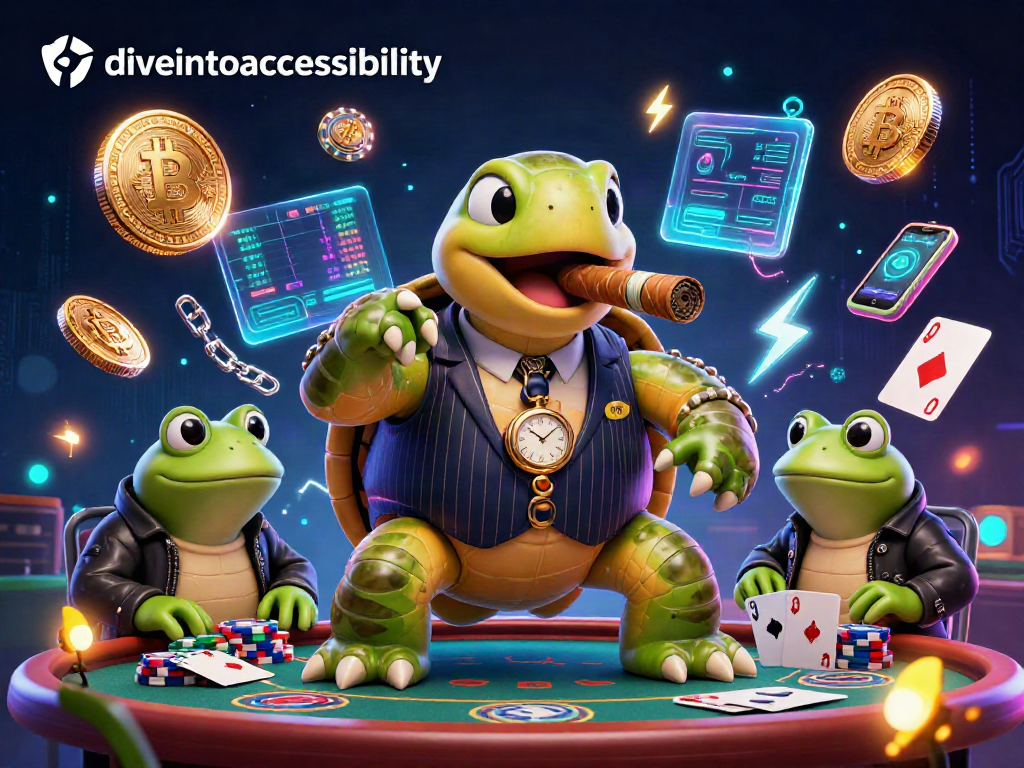 Diveintoaccessibility showcases winning strategies with a vibrant casino scene featuring a turtle mobster amidst poker elements.