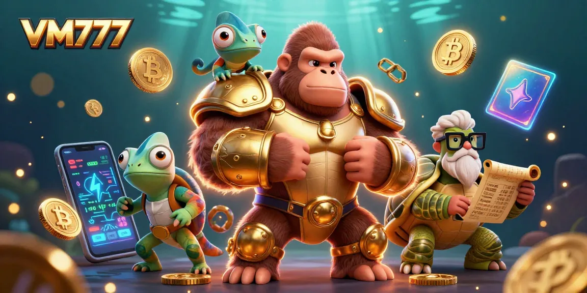 Engage in thrilling gameplay with VM777 featuring a gorilla king, a chameleon, and a tortoise in a vibrant casino scene.