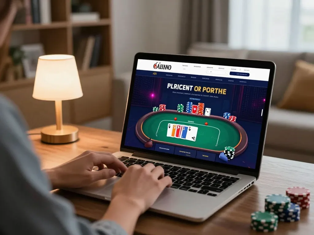 Trải nghiệm trò chơi trực tuyến Link 12bet với gameplay poker sống động trên một chiếc laptop tinh tế trong một không gian ấm cúng.