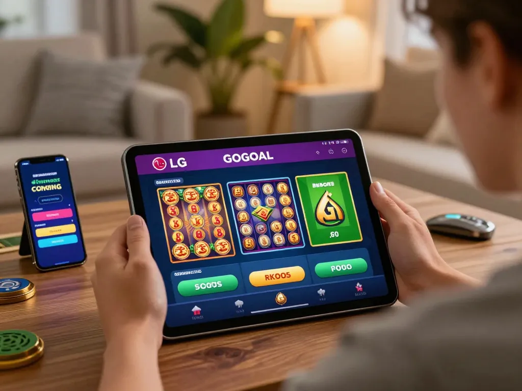 Engaging player using LGOGOAL for online gaming on tablet, cozy home environment.