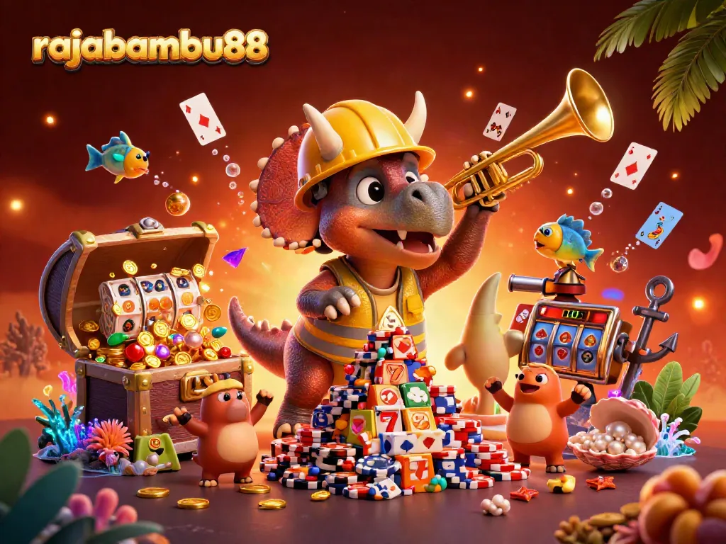 Permainan slot rajabambu88 dengan triceratops membangun tumpukan chips di tengah suasana yang meriah.