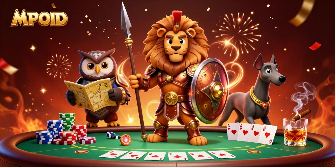 MPOID showcases a thrilling poker scene with a heroic lion, tactical owl, and swift greyhound amidst vibrant casino elements.