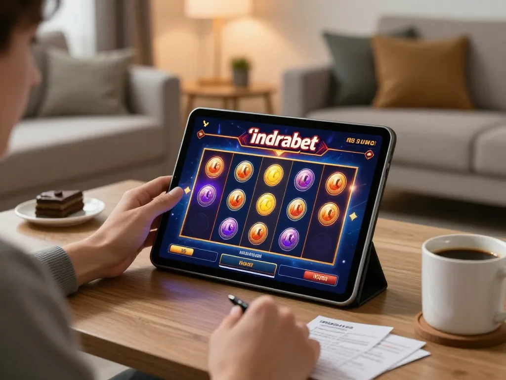 Engaging in impressive indrabet slot game on a tablet in a cozy living room setting