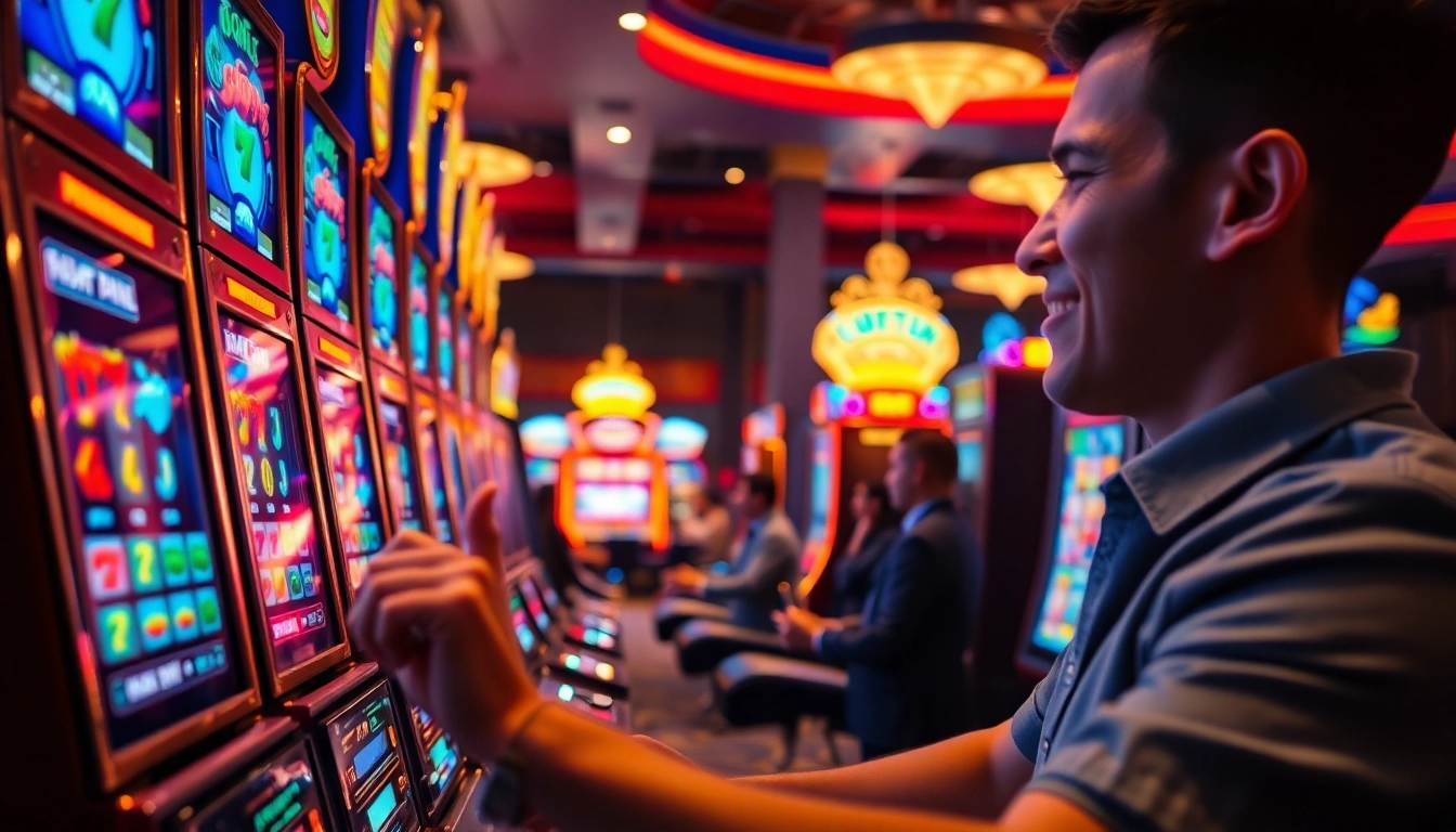Slot machine menarik perhatian pemain di dalam kasino yang ramai dan berwarna.