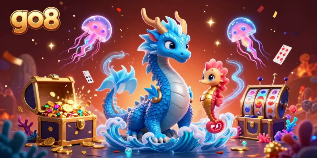 Win big with go8 featuring a fantasy dragon, seahorse knight, and treasure-filled underwater scene in vibrant colors.
