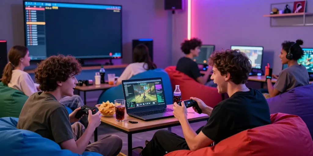 Aktivitas bermain game bersama teman di ruang gaming dengan tema bukumimpi138, menampilkan antusiasme dan suasana kompetitif.
