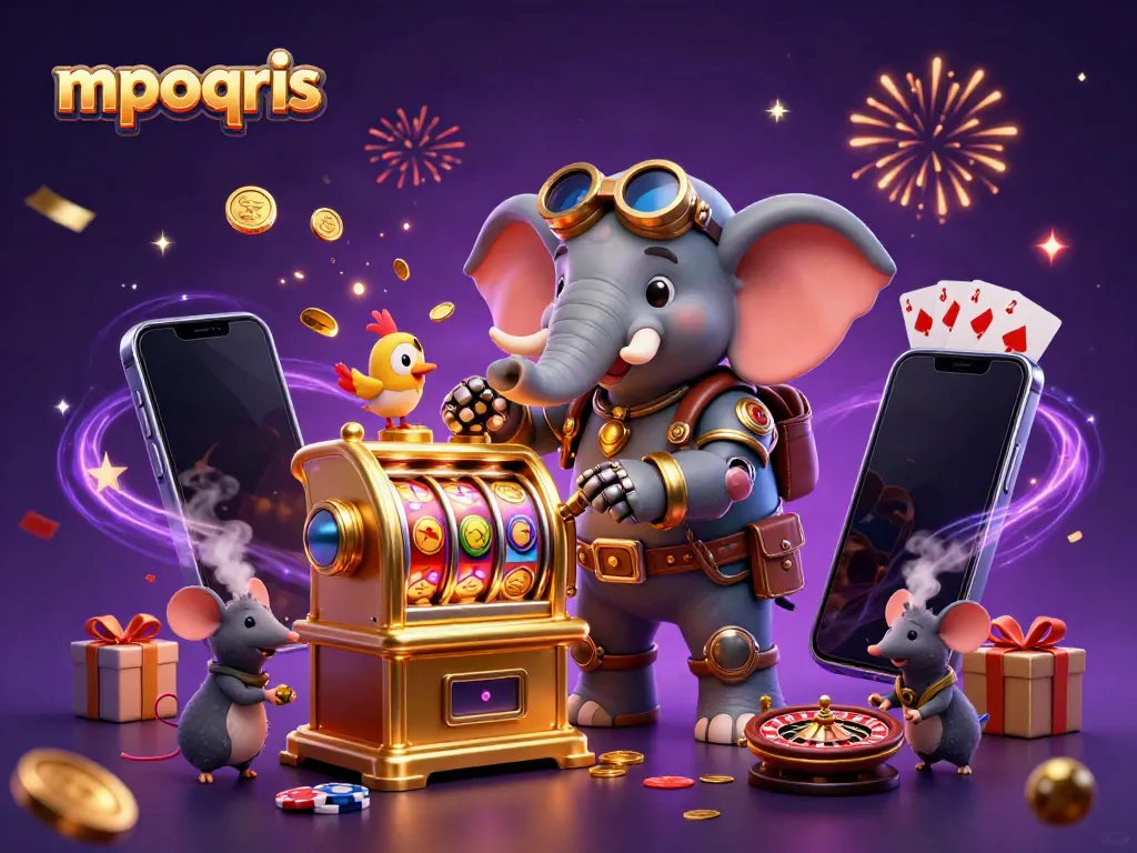 Elephant steampunk engineer bermain mesin slot mpoqris dengan koin emas berhamburan dan kartu kartu permainan.