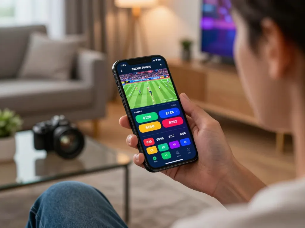 Nego77 user placing bets on a smartphone app during live sports event in a modern home atmosphere