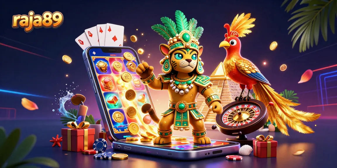 Engage with raja89 through thrilling slot games in a vibrant 3D casino illustration.