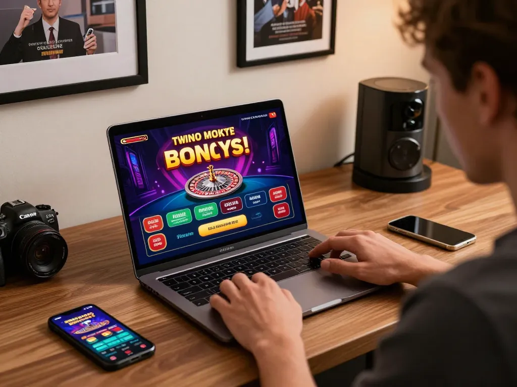 Enthusiastic player engaging on https://ledaonline.in.net/ with live casino game on laptop while surrounded by vibrant promotional materials.