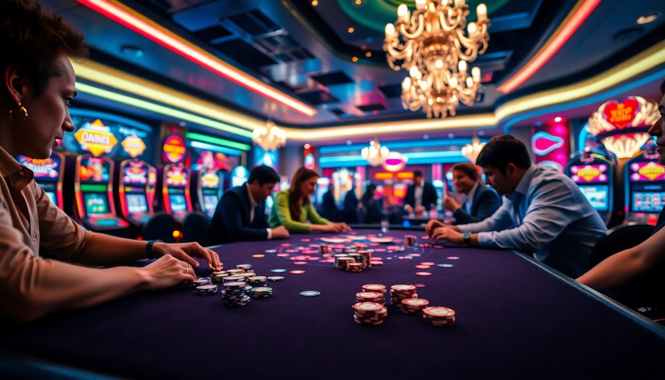 Engaging players immersed in afk toto at a colorful casino gaming table.