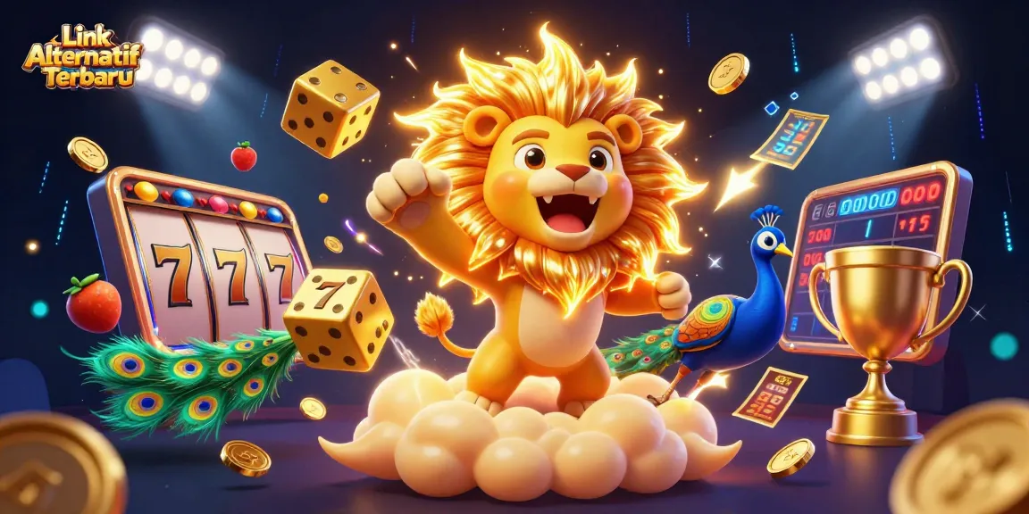 Win big with Link Alternatif Terbaru as a 3D cartoon lion and dynamic casino elements illustrate excitement.