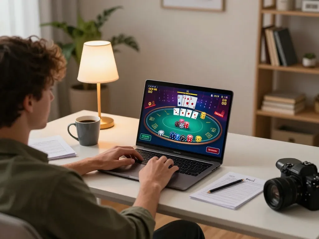 Nego77 player engaging in online poker game, showcasing strategic gameplay with laptop and notes.