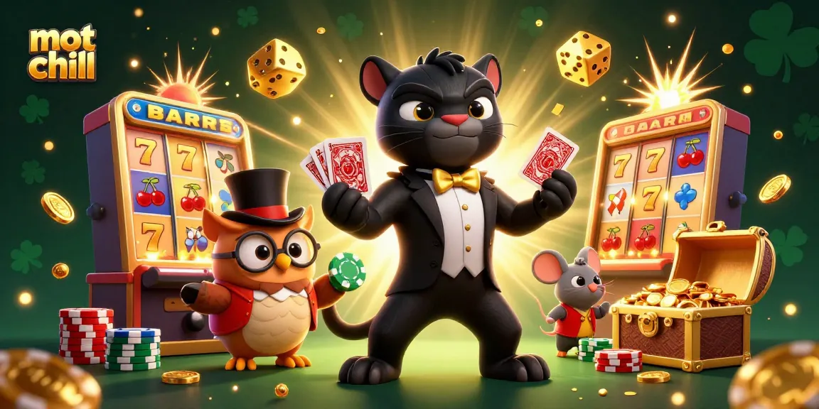 Experience mot chill as a stylish black panther deals cards amid a dynamic casino scene filled with cheerful characters.