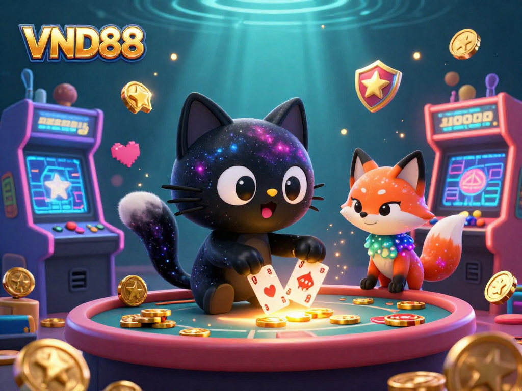 Experience the thrilling world of VND88 with a cosmic casino scene featuring a black hole cat and colorful elements.