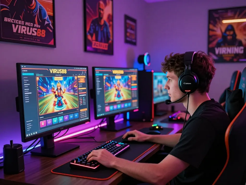 Pemain menikmati permainan slot online VIRUS88 dalam pengaturan yang berwarna-warni dengan lampu LED.