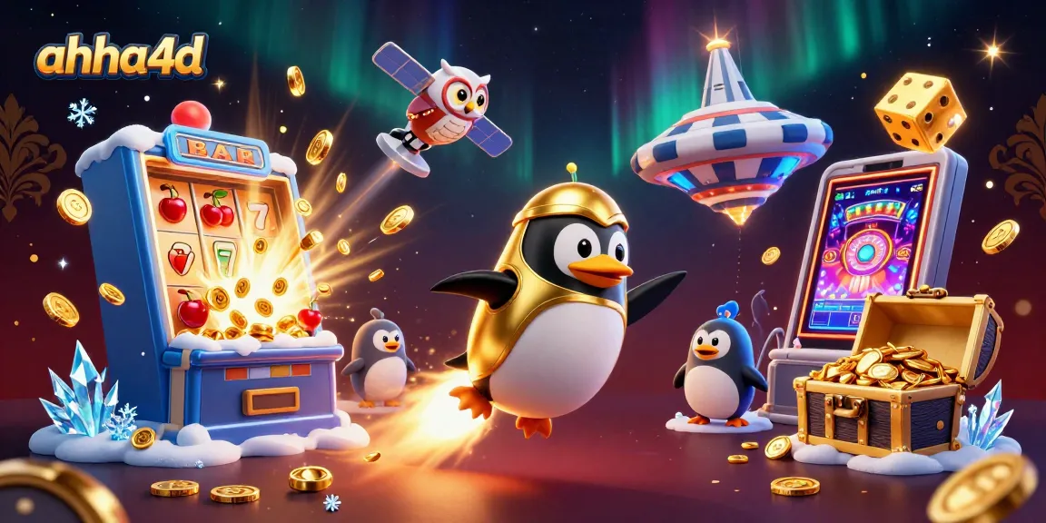 Engage with ahha4d as a golden penguin blast through space to a casino, showcasing dynamic gambling elements.