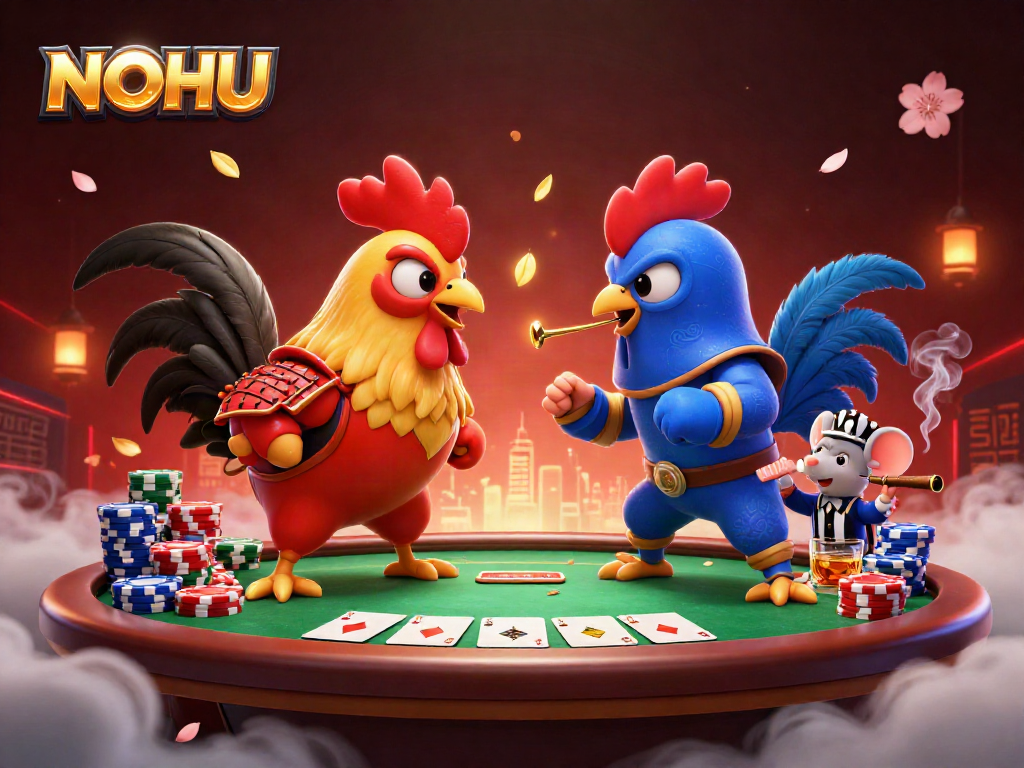 NOHU showcases a thrilling poker face-off between fighting roosters in an electrifying casino scene.