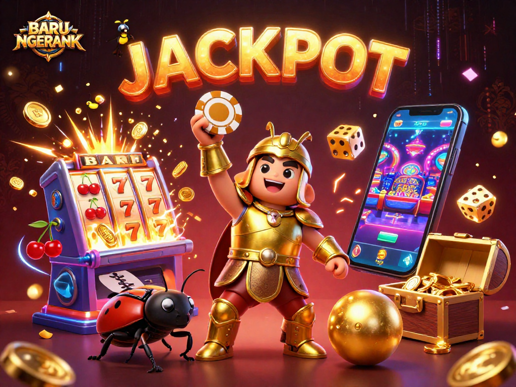 Experience the excitement of BARU NGERANK as the vibrant scene unfolds with jackpot symbols and lively characters.