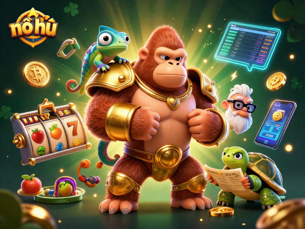 Engage in nổ hũ gameplay with vibrant characters and slot elements dynamically surrounded.