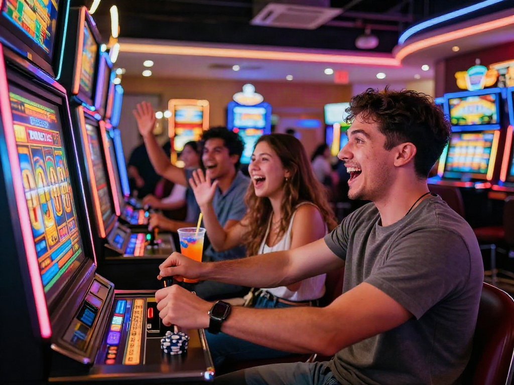 Keceriaan di kasino dengan slot gacor, teman menanti hasil spin.