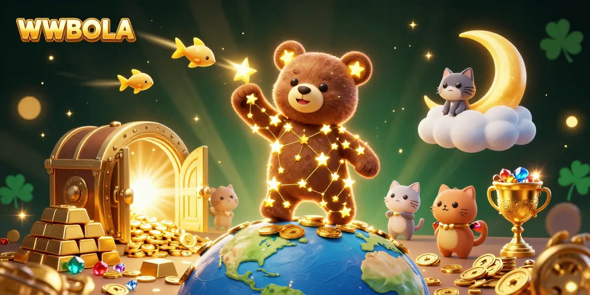 Permainan judi slot di WWBOLA menampilkan beruang bintang 3D menarik koin dari Bumi dengan hiasan berlian dan emas.