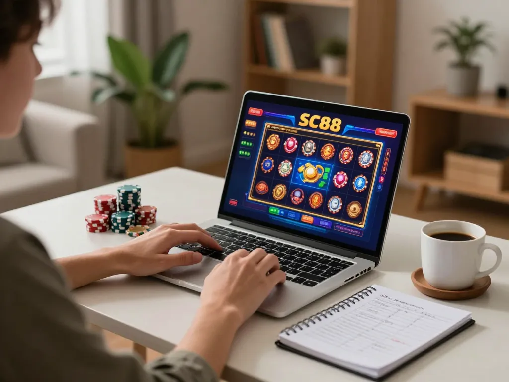 Engaging with SC88-themed slot game on laptop in cozy home gaming setup