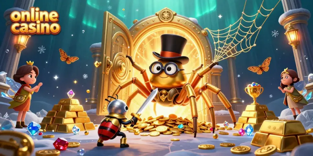 Engage in an online casino adventure with a golden tarantula and a beetle knight.