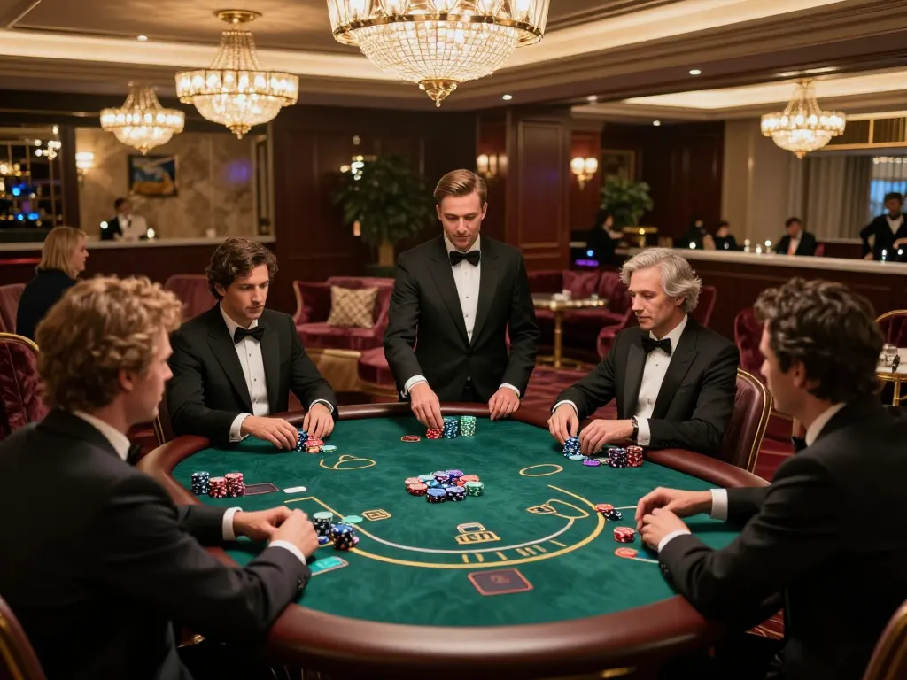 Players engaging in a tg88 poker game in a luxurious high-roller room, highlighting chips and dealer interaction.