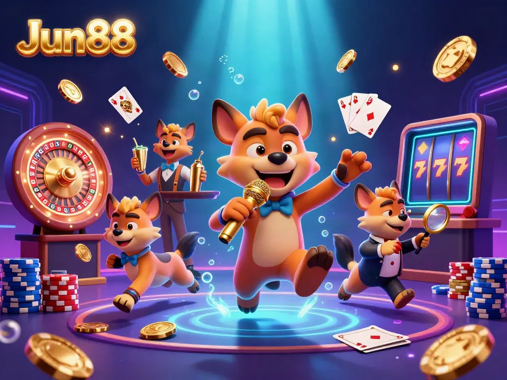 Experience the lively atmosphere of Jun88 featuring hyenas as a stand-up comedian, bartender, and bouncer in a vibrant casino.