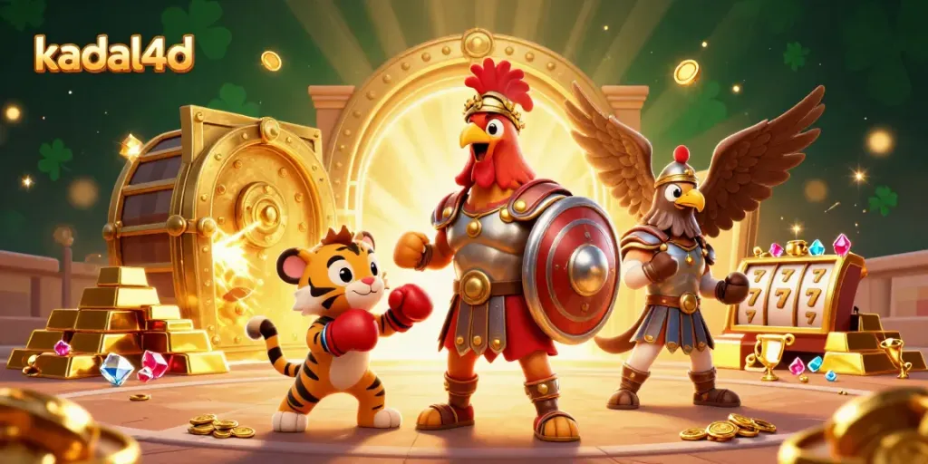 Kadal4d presents thrilling 3D rooster gladiator battle in a casino-themed arena.