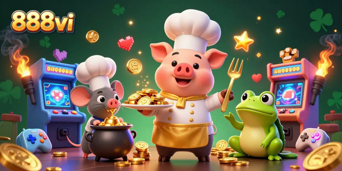 Experience thrilling gameplay with 888vi, as cartoon characters interact amidst immersive casino elements.