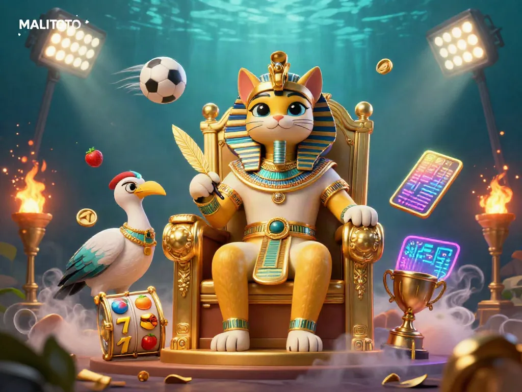 MALITOTO presents a vibrant 3D scene with a pharaoh cat and gaming symbols in a dynamic casino atmosphere.